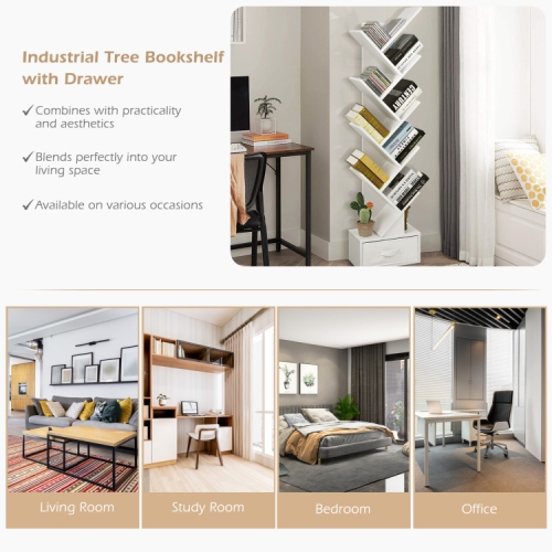 10-Tier Tree Bookshelf with Drawer, Freestanding Bookcase for Books and Decor