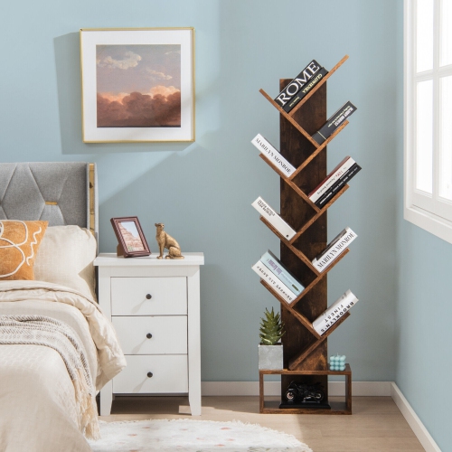 10-Tier Tree Bookshelf with Drawer, Freestanding Bookcase for Books and Decor
