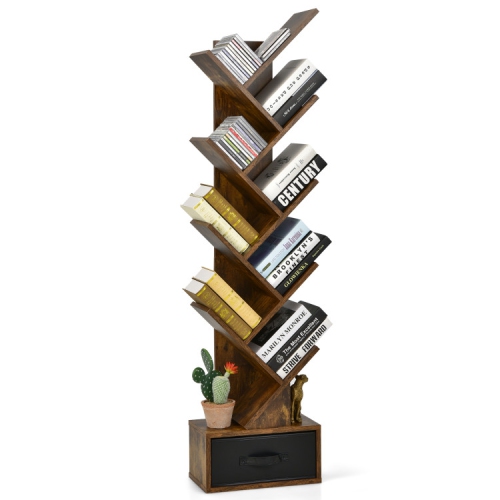 10-Tier Tree Bookshelf with Drawer, Freestanding Bookcase for Books and Decor