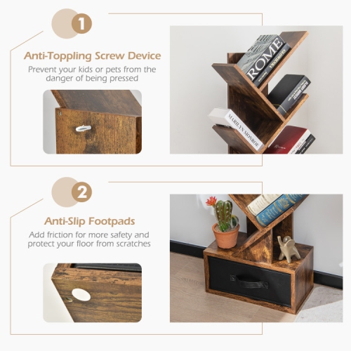 10-Tier Tree Bookshelf with Drawer, Freestanding Bookcase for Books and Decor