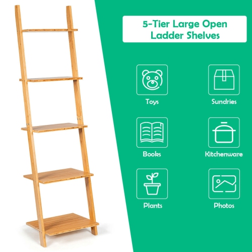 5-Tier Ladder Shelf Modern Bamboo Leaning Bookshelf Ladder Bookcase