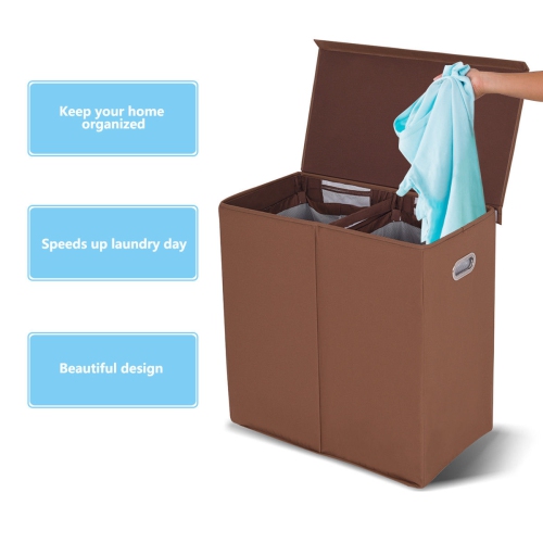 Gymax Double Laundry Hamper Storage Collapsible Basket Organizer Lid Mesh Bags Brown