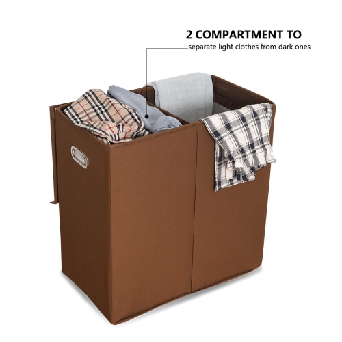 Gymax Double Laundry Hamper Storage Collapsible Basket Organizer Lid Mesh Bags Brown