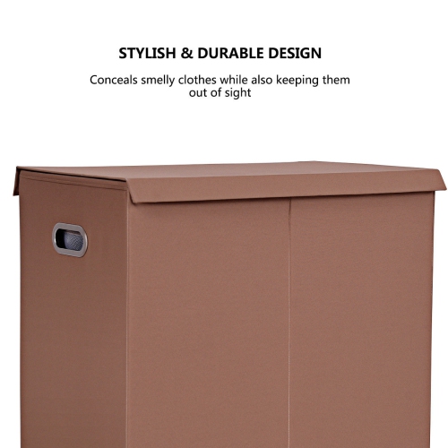 Gymax Double Laundry Hamper Storage Collapsible Basket Organizer Lid Mesh Bags Brown