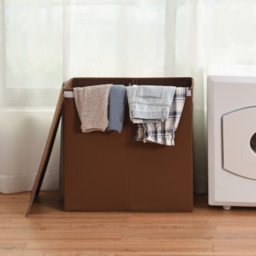 Gymax Double Laundry Hamper Storage Collapsible Basket Organizer Lid Mesh Bags Brown