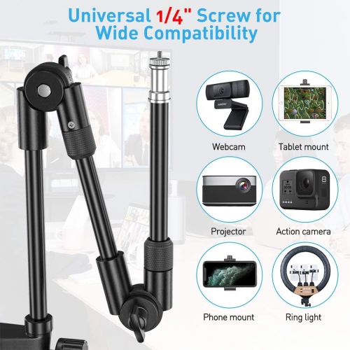 Webcam Stand Camera Mount with Phone Holder, 25 Inch Foldable Flexible Gooseneck Cell Phone Clamp & Table Projector Mount, for Logitech C922 C930e