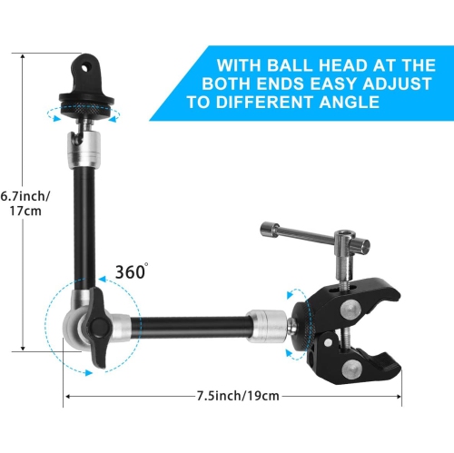 Bras articulé robuste et ajustable de 11 pi Magic Arm avec pince pour caméra d’action sans miroir caméscope téléphone cellulaire GoPro iPhone Monitor