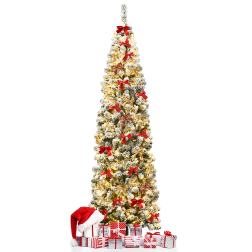 Topbuy 4.5FT/6FT/7.5FT Snow Flocked Pencil Pre-lit Christmas Tree with Flexible Stand Thick Leaves LED Lights
