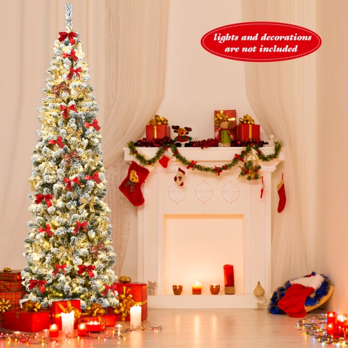 Topbuy 4.5FT/6FT/7.5FT Snow Flocked Pencil Pre-lit Christmas Tree with Flexible Stand Thick Leaves LED Lights