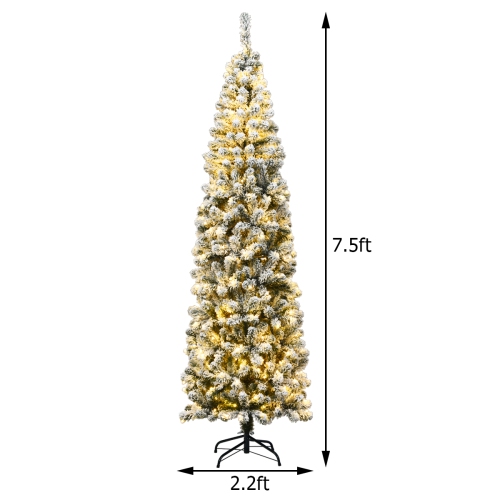Topbuy 4.5FT/6FT/7.5FT Snow Flocked Pencil Pre-lit Christmas Tree with Flexible Stand Thick Leaves LED Lights