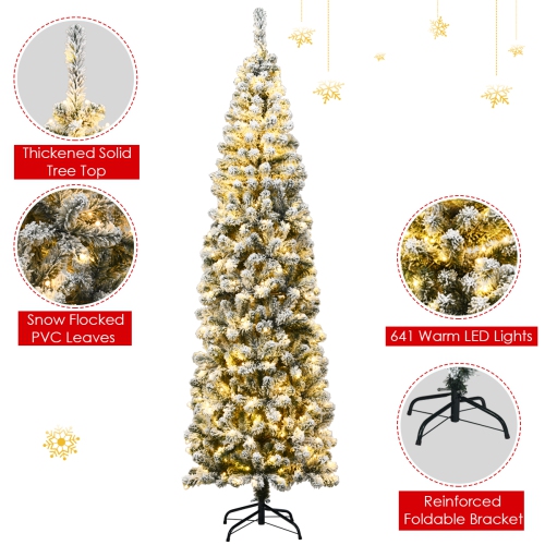 Topbuy 4.5FT/6FT/7.5FT Snow Flocked Pencil Pre-lit Christmas Tree with Flexible Stand Thick Leaves LED Lights
