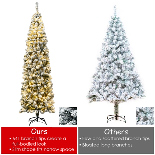 Topbuy 4.5FT/6FT/7.5FT Snow Flocked Pencil Pre-lit Christmas Tree with Flexible Stand Thick Leaves LED Lights