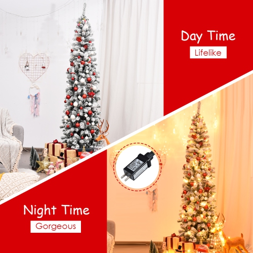 Topbuy 4.5FT/6FT/7.5FT Snow Flocked Pencil Pre-lit Christmas Tree with Flexible Stand Thick Leaves LED Lights