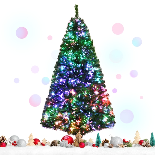 Topbuy 5/6/7FT Pre-lit Artificial Christmas Tree, Multi-Colored Fiber Optic Spruce Tree Artificial Xmas Tree
