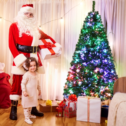 Topbuy 5/6/7FT Pre-lit Artificial Christmas Tree, Multi-Colored Fiber Optic Spruce Tree Artificial Xmas Tree