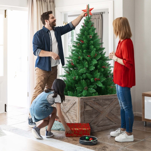 Topbuy 28.5"L Wooden Tree Collar Box 100% Solid Wood Christmas Farmhouse Wooden Tree Box W/ Hook & Loop Fasteners Grey/ Brown