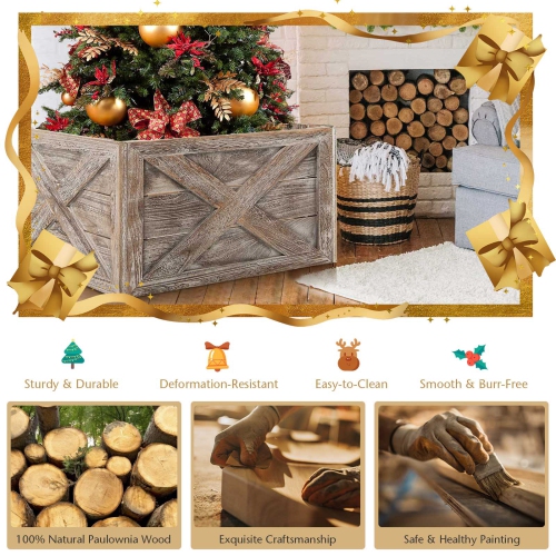 Topbuy 28.5"L Wooden Tree Collar Box 100% Solid Wood Christmas Farmhouse Wooden Tree Box W/ Hook & Loop Fasteners Grey/ Brown