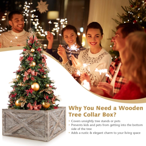 Topbuy 28.5"L Wooden Tree Collar Box 100% Solid Wood Christmas Farmhouse Wooden Tree Box W/ Hook & Loop Fasteners Grey/ Brown