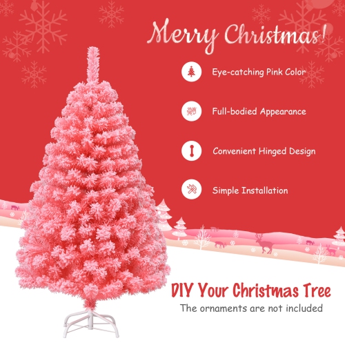 Topbuy Pink Christmas Tree 4.5 Ft Xmas Decoration Tree w/ 348 Snow Flocked PVC Tips & Metal Stand