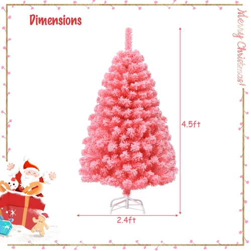 Topbuy Pink Christmas Tree 4.5 Ft Xmas Decoration Tree w/ 348 Snow Flocked PVC Tips & Metal Stand