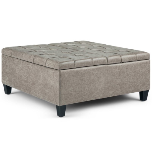 Harrison 36"W Coffee Table Storage Ottoman in Distressed Gray Taupe Faux Leather