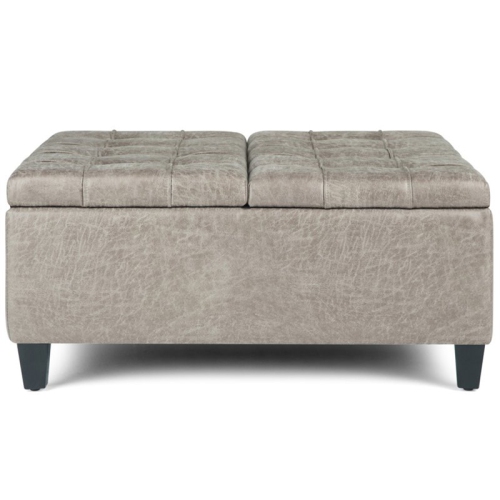 Harrison 36"W Coffee Table Storage Ottoman in Distressed Gray Taupe Faux Leather