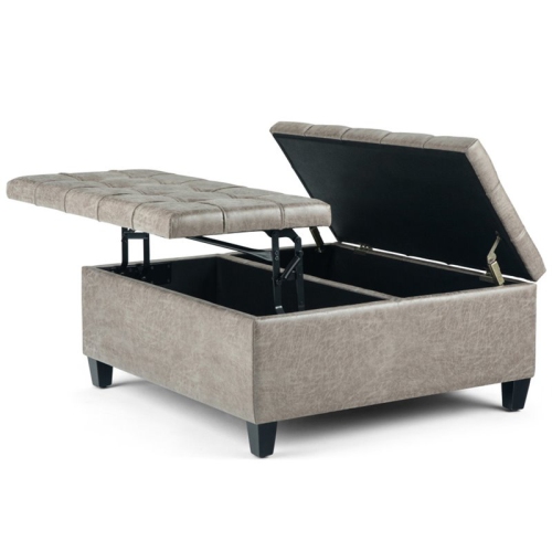 Harrison 36"W Coffee Table Storage Ottoman in Distressed Gray Taupe Faux Leather