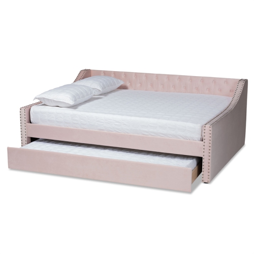 Baxton Studio Raphael Pink Velvet Upholstered Full Size Daybed with Trundle