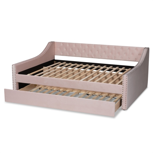 Baxton Studio Raphael Pink Velvet Upholstered Full Size Daybed with Trundle