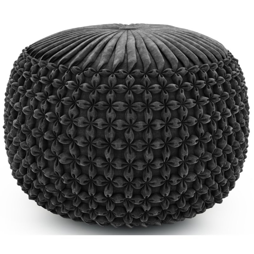 SIMPLI HOME  Renee Boho Round Pouf In Slate Gray Velvet Fabric