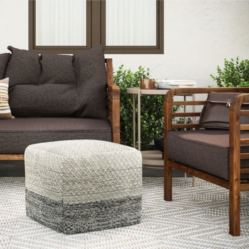 Simpli Home Macie Boho Square Woven Pouf in Gray and White Recycled PETPolyester