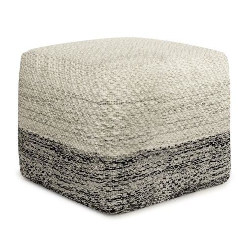 Simpli Home Macie Boho Square Woven Pouf in Gray and White Recycled PETPolyester