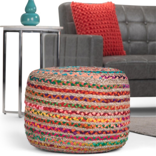 Margo Boho Round Pouf in Multi-Color Braided Jute and Cotton