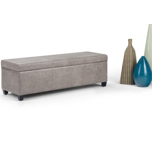 Simpli Home Avalon Faux Leather Storage Ottoman Bench in Distressed Gray Taupe