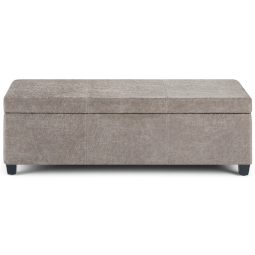 Simpli Home Avalon Faux Leather Storage Ottoman Bench in Distressed Gray Taupe