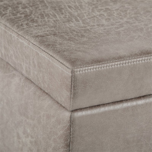 Simpli Home Avalon Faux Leather Storage Ottoman Bench in Distressed Gray Taupe