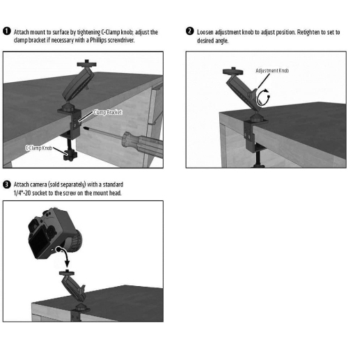RM0861420 C Clamp Heavy Duty Camera Mounting Pedestal with 1/4 20 Mounting-Bolt for Nikon, Sony, Samsung, Canon, Olympus, Panasonic Cameras, Black