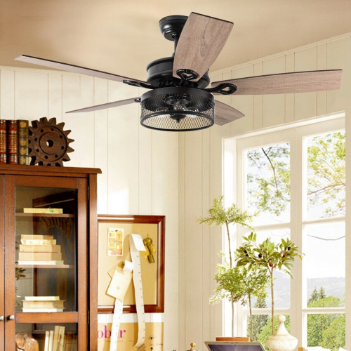 Gymax 48'' Ceiling Fan Industrial Cage Light w/ Reversible Blades Remote Control Indoor
