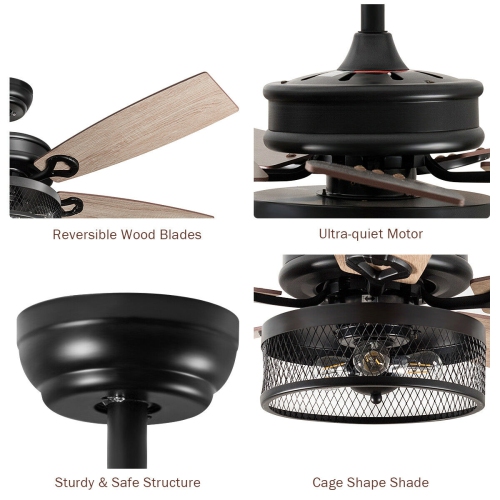 Gymax 48'' Ceiling Fan Industrial Cage Light w/ Reversible Blades Remote Control Indoor
