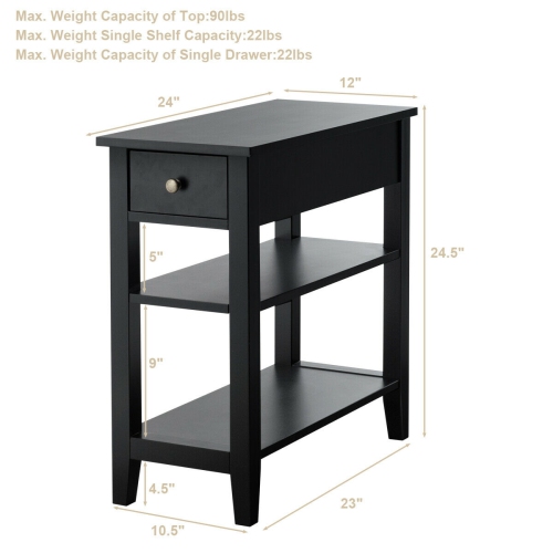 Gymax Set of 2 3-Tier Nightstand Bedside Side End Table w/Double Shelves Drawer Black
