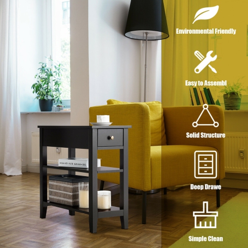 Gymax Set of 2 3-Tier Nightstand Bedside Side End Table w/Double Shelves Drawer Black