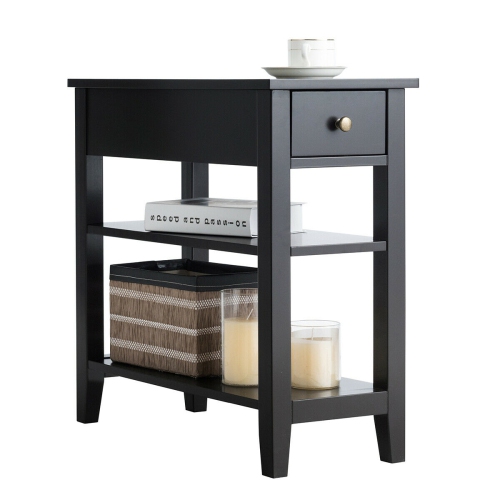 Gymax Set of 2 3-Tier Nightstand Bedside Side End Table w/Double Shelves Drawer Black