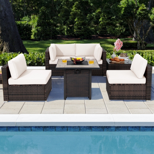 TOPBUY  Patiojoy 6 PCs Patio Wicker Furniture Set With 30" Gas Fire Pit Table 50, 000 Btu /turquoise/navy/white Cushions In Black/red