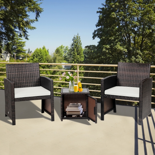 Patiojoy 3 Pieces Outdoor PE Wicker Bistro Set with Waterproof Cover for Porch Balcony Garden and Poolside, Off White/Grey/Turquoise