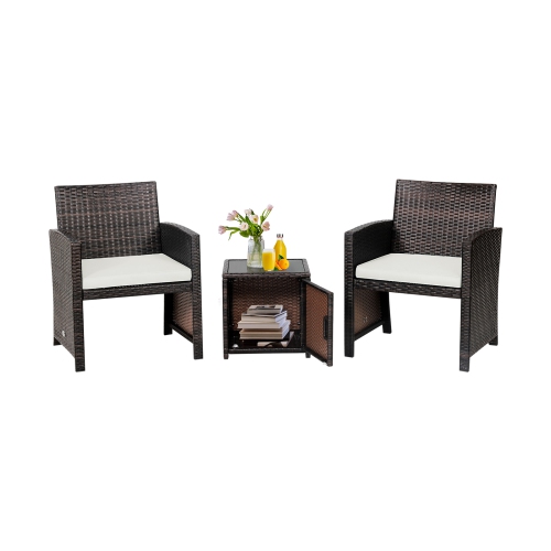 Patiojoy 3 Pieces Outdoor PE Wicker Bistro Set with Waterproof Cover for Porch Balcony Garden and Poolside, Off White/Grey/Turquoise