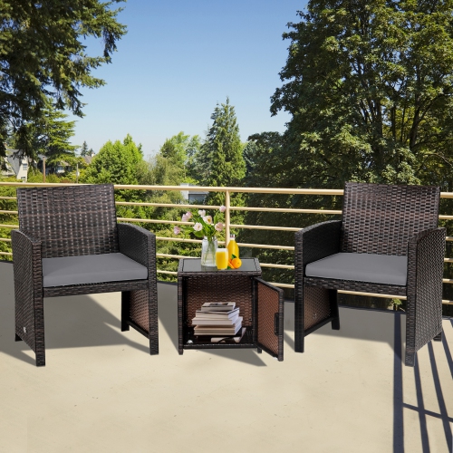 Patiojoy 3 Pieces Outdoor PE Wicker Bistro Set with Waterproof Cover for Porch Balcony Garden and Poolside, Off White/Grey/Turquoise