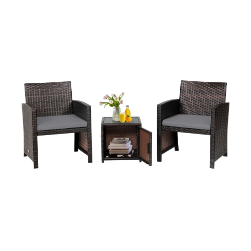 Patiojoy 3 Pieces Outdoor PE Wicker Bistro Set with Waterproof Cover for Porch Balcony Garden and Poolside, Off White/Grey/Turquoise