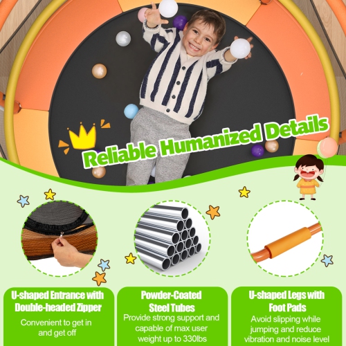 Topbuy – trampoline pour enfants de 60 po, 330 LB, 3-en-1 avec anneaux de balancement, barre horizontale à 3 niveaux de hauteur, orange/bleu