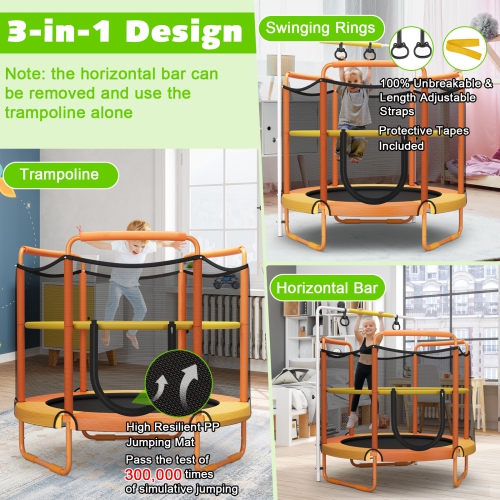 Topbuy – trampoline pour enfants de 60 po, 330 LB, 3-en-1 avec anneaux de balancement, barre horizontale à 3 niveaux de hauteur, orange/bleu