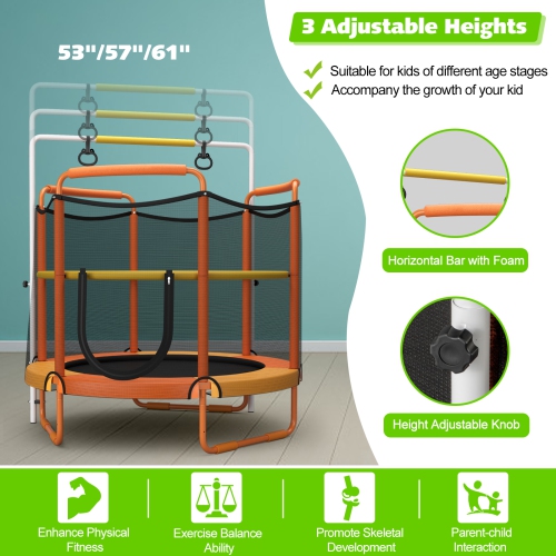 Topbuy – trampoline pour enfants de 60 po, 330 LB, 3-en-1 avec anneaux de balancement, barre horizontale à 3 niveaux de hauteur, orange/bleu